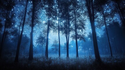 Obraz premium Magical blue forest at night under starry sky.