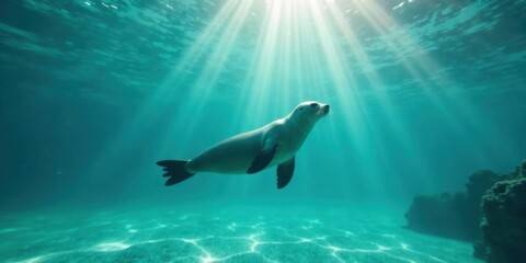 Fototapeta premium Serene Underwater Seal Gracefully Navigating Sunlit Ocean Depths