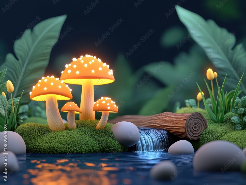 Poster illuminated mushrooms by a tranquil stream in a lush forest setting at dusk