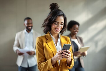 Businesswoman using smartphone in office setting.