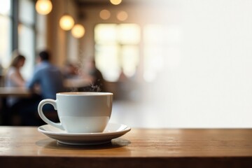 Fototapeta premium Aromatic Coffee Steam Rising from a Mug on a Wooden Table in a Cafe Setting