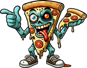 Zombified Pizza: A cartoon illustration of a zombified pizza slice, with grotesque features, holding another slice. It is a playful blend of the culinary and the macabre.