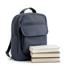 Fototapeta premium Blue backpack with stack of books on white background