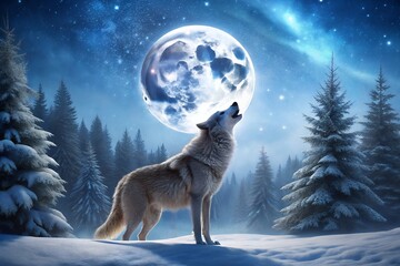 Lone Wolf Howling at a Full Moon in a Snowy Winter Wonderland