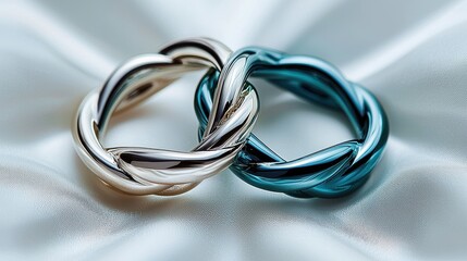 Two intertwined circles, one a vibrant emerald green and the other a radiant sapphire blue, symbolize the enduring bond between identical twin sisters. The gradient color palette, transitioning 