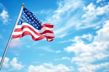 Obraz premium American flag waving against a bright blue sky with fluffy white clouds.