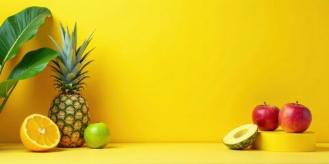 Vibrant Yellow Background Featuring Pineapple, Apples, Orange Slice, and Green Apple on a Minimalist Display
