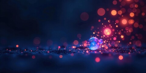 Fototapeta premium Ethereal orbs rest on a shimmering surface, illuminated by a cascade of vibrant lights and sparkling particles.