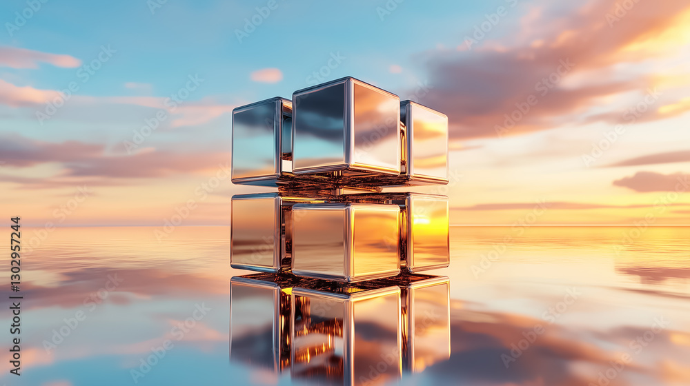 Poster a colossal cube formed from countless smaller cubes hovers in a boundless void, reflecting vibrant s