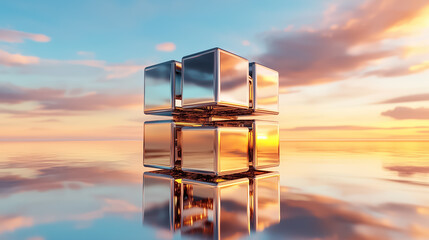 A colossal cube formed from countless smaller cubes hovers in a boundless void, reflecting vibrant sunset hues while emitting a sense of tranquility and wonder