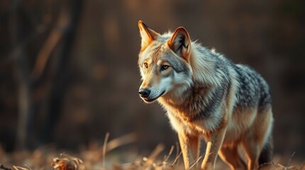 Obraz premium Majestic Wolf in Golden Sunlight, Forest Portrait