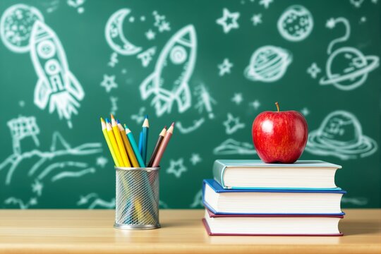 School supplies with apple on books against chalkboard with space drawings.