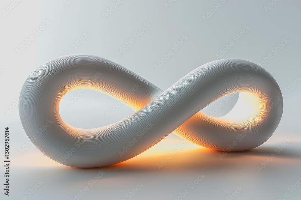 Poster white infinity symbol with light shining through it against a dark background creating a striking vi
