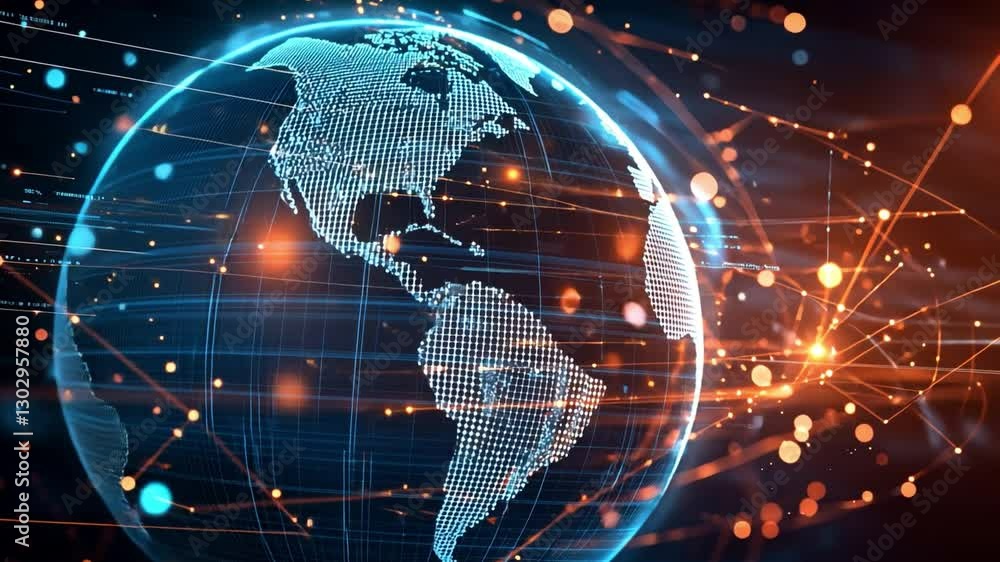 Poster digital world: the globe is intricately linked by a complex network of illuminated lines and nodes i