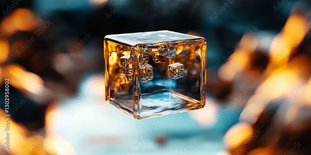 Poster a giant cube, crafted from hundreds of smaller cubes, gracefully hovers in an ethereal void. the str
