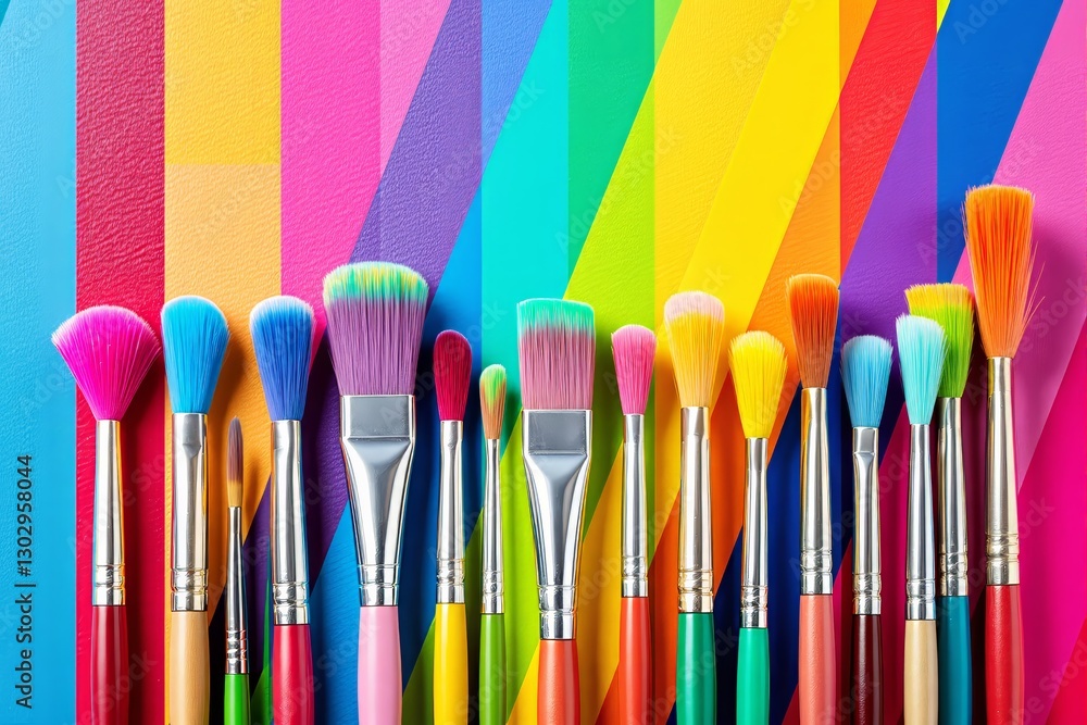 Poster colorful paintbrushes arranged in a row against a vibrant geometric background.