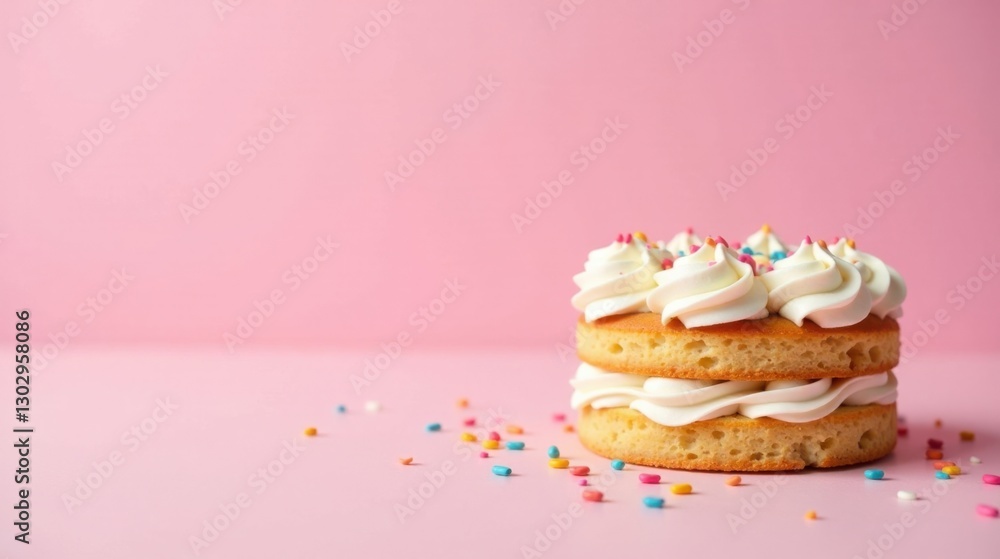 Poster delicious two-layered vanilla cake with whipped cream frosting and colorful sprinkles on pink backgr