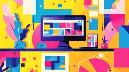 Vibrant Geometric Workstation with Modern Digital Devices