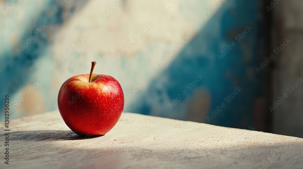Poster fresh red apple resting on wooden table with textured background illuminated by soft natural light