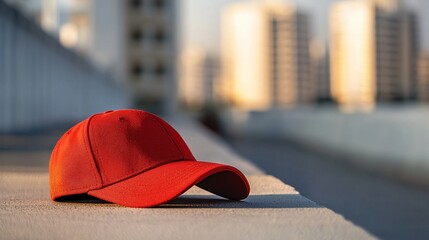 Bright red cap abandoned on a ledge in an urban setting at sunset with blurred cityscape in the background