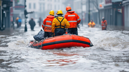 Flood Rescue Operation: Team Saving Stranded People in Heavy Rain