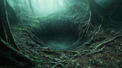 A mystical, fog-filled forest scene with twisted tree roots surrounding a deep, dark hole in the ground, creating an eerie and mysterious atmosphere.