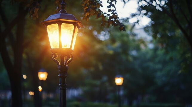 A solar-powered street lamp lighting up a park at dusk