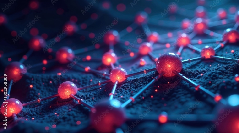 Poster abstract network of illuminated spheres interconnected by metallic rods on a dark textured surface