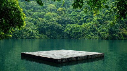 Fototapeta premium A solitary floating dock in a peaceful bay, surrounded by lush greenery
