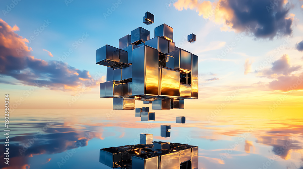 Poster a mesmerizing composition features a colossal cube made of numerous smaller cubes, each reflecting t