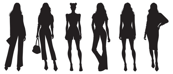 Female fashion black silhouettes in modern and elegant outfits, isolated on a white background. Fashion models posing, vector illustration.