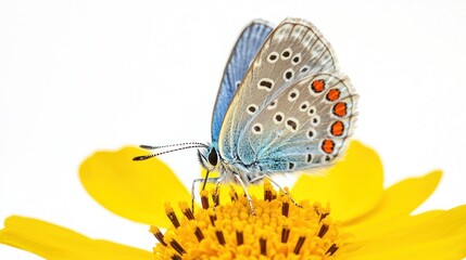 Butterfly on Yellow Flower on White Background
