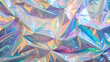 Iridescent Foil Texture: A close-up view of an iridescent foil sheet, its surface reflecting a spectrum of shimmering colors, presenting a modern and abstract visual.