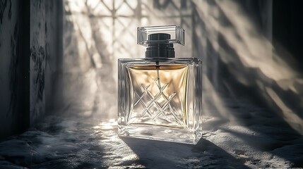 Perfume bottle, sunlit, window, smoky background. Possible use Displaying luxury product