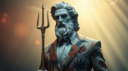 Statue of a man with a beard, holding a trident and wearing a suit with a floral pattern underwater.