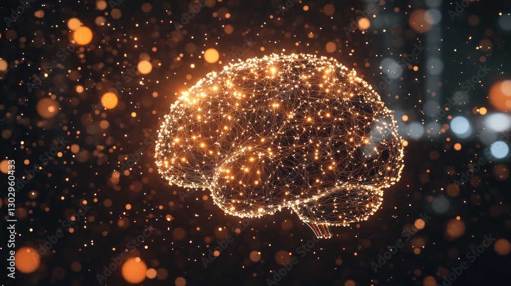 Poster a glowing, abstract representation of a brain composed of interconnected particles.