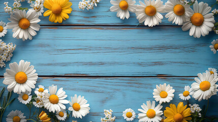 Obraz premium Cheerful floral arrangement with white and yellow daisies on a blue wooden surface, ideal for spring-themed designs, wedding invitations, or nature-focused events.