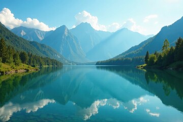 Fototapeta premium Serene mountain lake reflecting a pristine sky, surrounded by lush greenery and majestic peaks under a brilliant sun