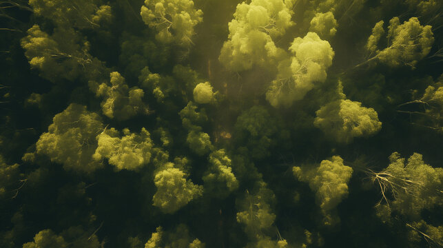 Aerial view of lush forest with green trees, canopy, leaves, and foliage in a vibrant landscape