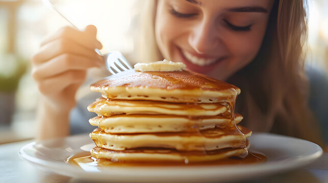 Happy woman enjoying delicious fluffy pancakes with syrup and butter. Young girl enjoying breakfast