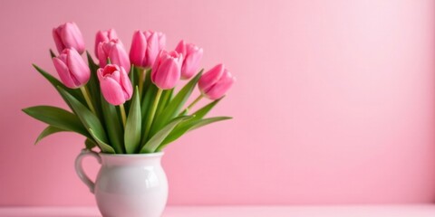 Fototapeta premium A bouquet of delicate pink tulips arranged in a simple white vase against a soft pink background