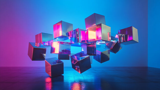 3D render of floating reflective cubes with glowing neon colors, symbolizing digital innovation, technology, and virtual connections in a futuristic concept.
