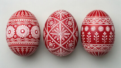 Fototapeta premium Easter eggs Red decorated eggs with intricate white patterns for Easter celebrations.