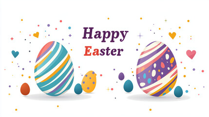 Flat design vector art of striped Easter egg with "Happy Easter" typography on clean white backdrop, minimalist greeting card concept. Versatile template for digital banners, social media posts, party