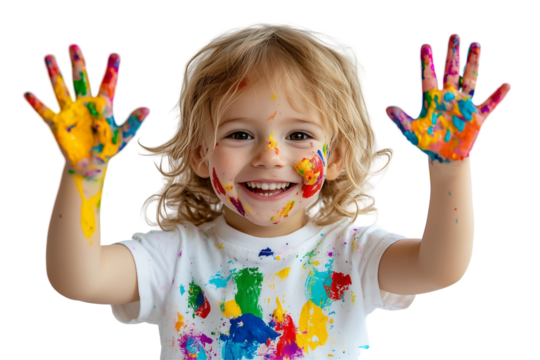 A joyful and energetic portrait of a cheerful child fully immersed in a creative painting activity, with vibrant paint-covered hands and a beaming smile PNG isolated transparent background download