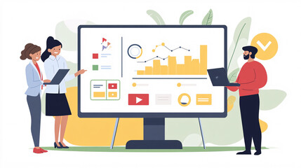 Illustration Depicts Team Three Colleagues Collaborating Data Analysis Project. Two Women Are Using Laptops Review Displayed Large Monitor Showcasing Various Charts Graphs, While Man Reviews Own