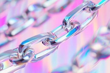 Close-up view of reflective metal chain links with colorful backdrop
