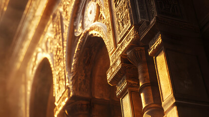 Golden Architecture Detailed Archway, Intricate Carvings, Low Angle View, Ancient Building Structure
