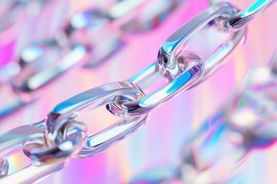Close-up view of reflective metal chain links with colorful backdrop