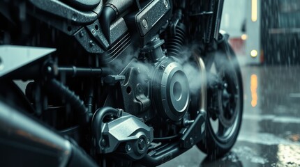 Steaming motorcycle engine detail in the rain, capturing mechanical precision and a sense of raw power.